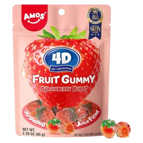 AMOS 4D Gummy Fruit Filled Candy okus Jagode 65g